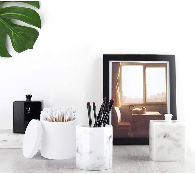 Cotton Swab Holder with Lid, White Qtip Holder Bathroom, Resin Cotton Ball Canister Jar Cosmetics Makeup Countertop Organizer Containers Canister Apothecary Jar