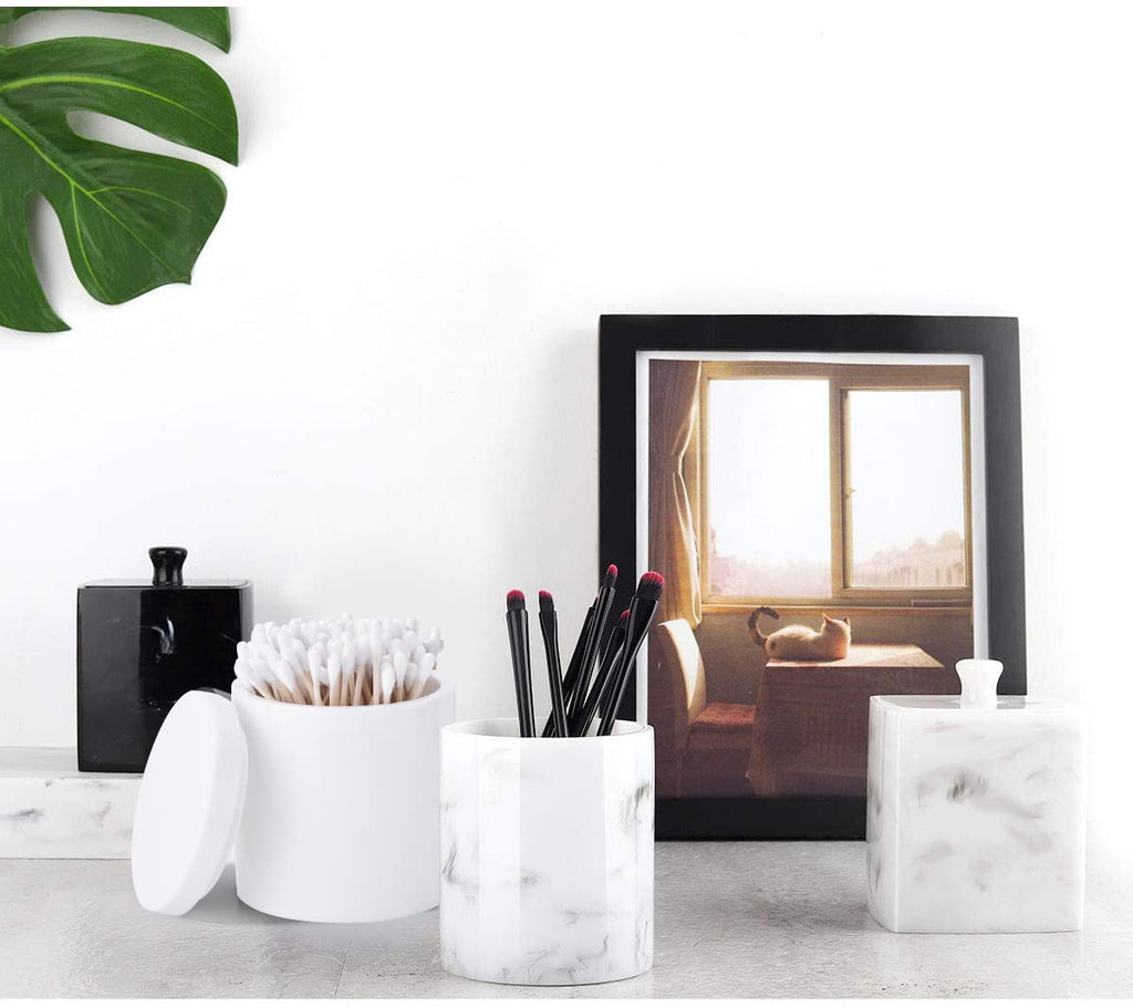 Rzoeox Cotton Swab Holder with Lid, White Qtip Holder Bathroom, Resin Cotton Ball Canister Jar Cosmetics Makeup Countertop Organizer Containers Canister Apothecary Jar
