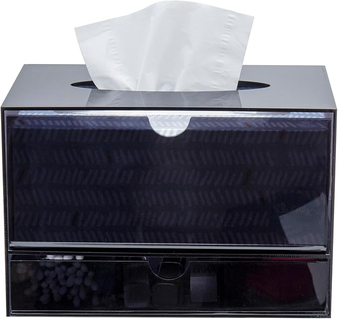 MyGift Premium Black Acrylic Cosmetic Organizer Caddy and Tissue Box Cover with Pull Out Makeup Storage Drawer - Countertop Bathroom Supplies Holder