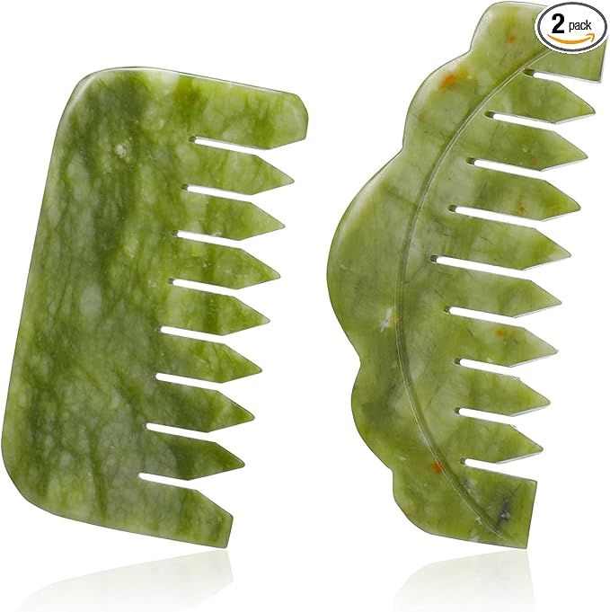 Geiserailie 2 Pcs Jade Combs Esthetician Supplies Massage Stone Hair Gua Sha Scraping Scalp Comb Facial Massage Tool Handheld Head Tools Head Caring Therapy Mother's Day for Women(Stylish Style)