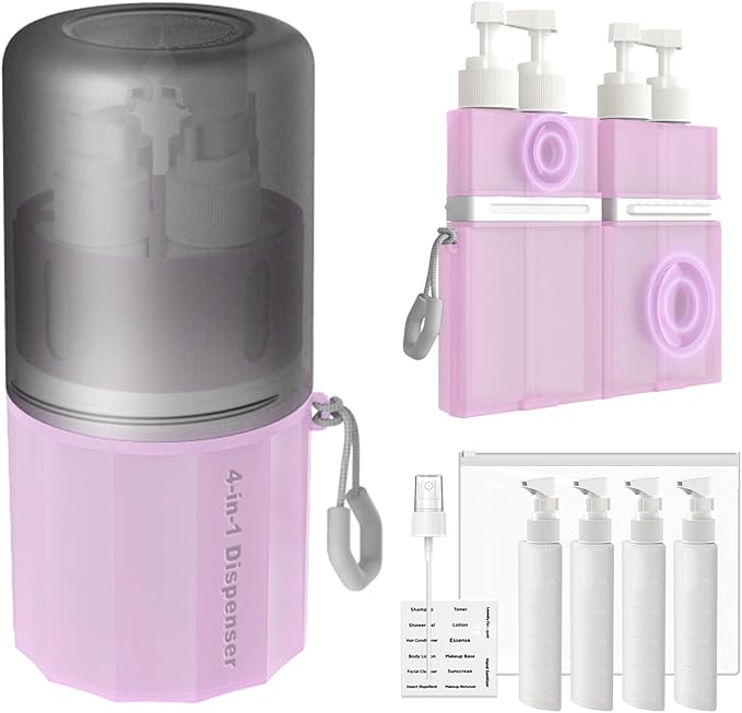AnOis7ter 4 in 1 Travel Dispenser Bottle, TSA Approved Refillable Shampoo and Conditioner Bottles Set with Suction Cup for Smooth Walls, Travel Size Toiletries Container for Body Wash/Lotion.(Pink)