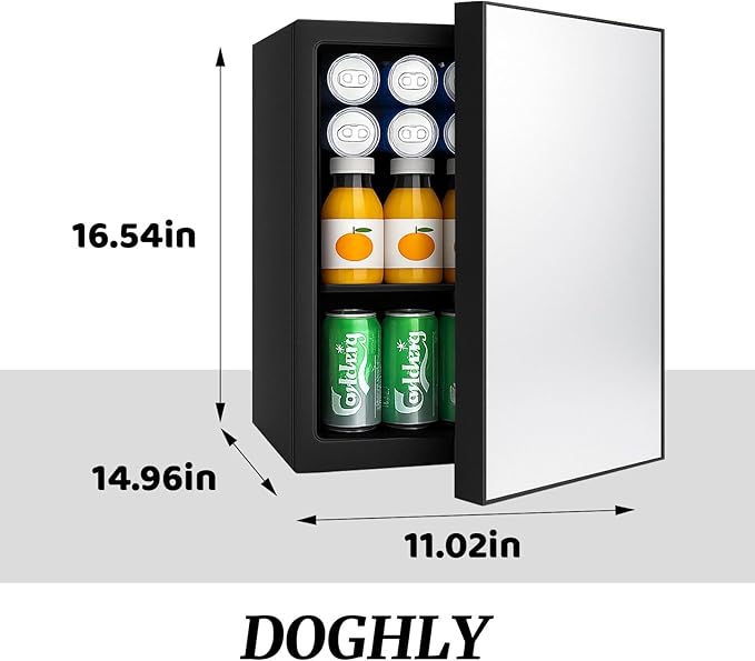 DOGHLY Compact Mini Fridge - 24 Cans/0.9 Cu.Ft Beverage Refrigerator with Mirrored Door & Digital Thermostat, Small Cosmetics Cooler for Skincare, Drinks, Food,Bedroom, Office, Dorm,Black