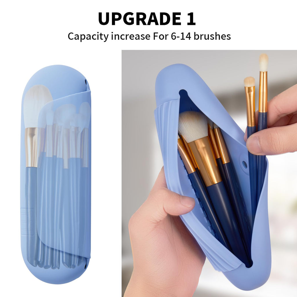 AGIKET Silicone Makeup Brush Holder Travel Cosmetic Bag：Soft Portable Cosmetic Face Brushes Holder with Upgrade Anti-Fall Out Magnetic Closure, Large Travel Makeup Brush Case - Blue