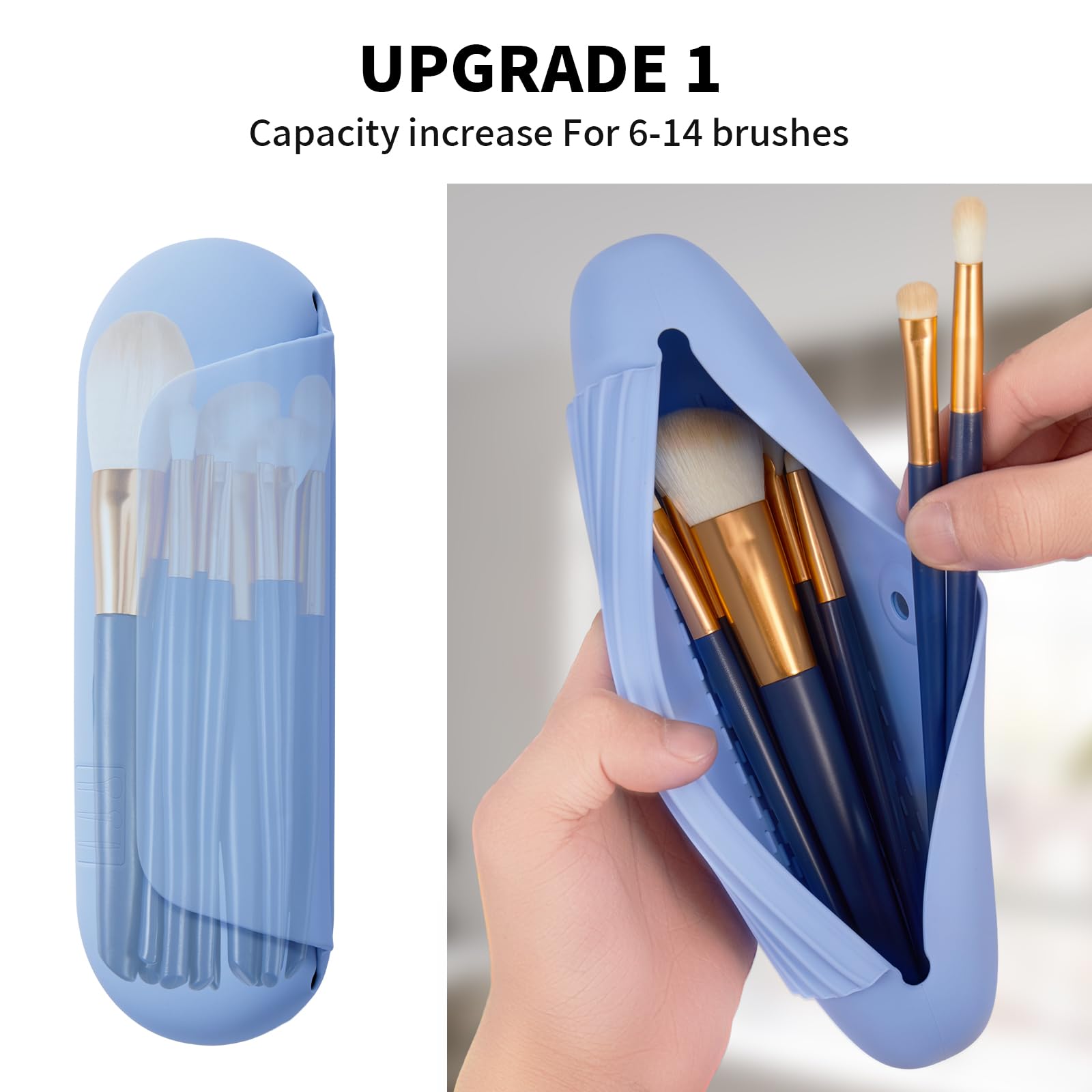 AGIKET Silicone Makeup Brush Holder Travel Cosmetic Bag：Soft Portable Cosmetic Face Brushes Holder with Upgrade Anti-Fall Out Magnetic Closure, Large Travel Makeup Brush Case - Blue