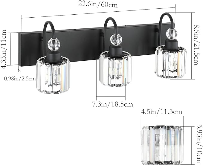 Ralbay Modern Crystal Vanity Light 3-Lights Modern Crystal Vanity Lights for Bathroom Matte Black Crystal Bath Wall Light Fixtures Modern Black Crystal Bathroom Light Fixtures