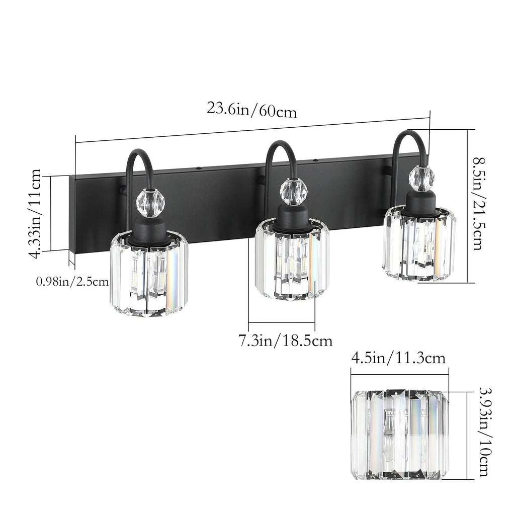 Ralbay Modern Crystal Vanity Light 3-Lights Modern Crystal Vanity Lights for Bathroom Matte Black Crystal Bath Wall Light Fixtures Modern Black Crystal Bathroom Light Fixtures