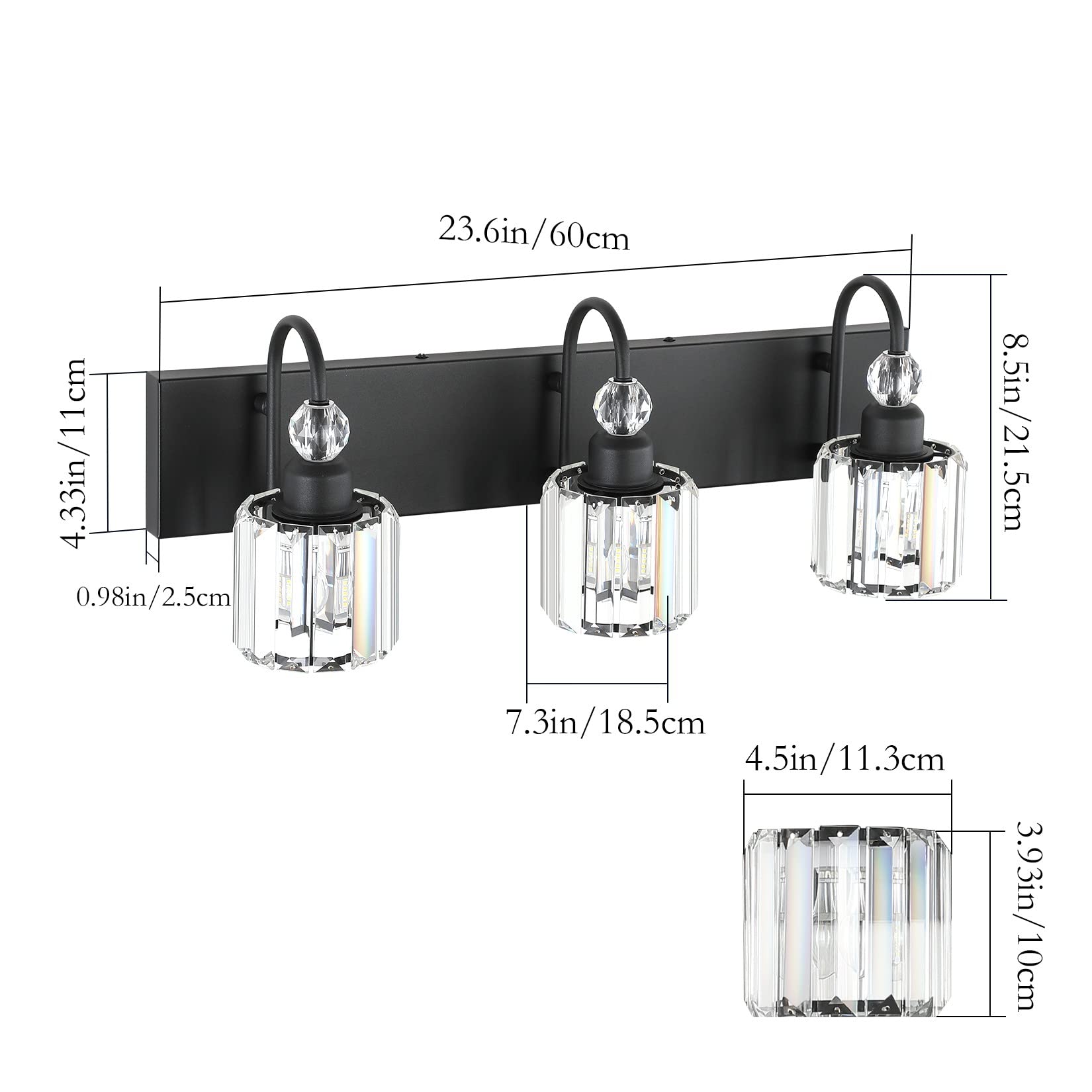 Ralbay Modern Crystal Vanity Light 3-Lights Modern Crystal Vanity Lights for Bathroom Matte Black Crystal Bath Wall Light Fixtures Modern Black Crystal Bathroom Light Fixtures