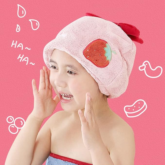 Hair Drying Towel for Kids Girls, Cute Cartoon Absorbent Quick Drying Bath Wrap Set for Bathing, Swimming Pool, Soft Microfiber Cap for Curly Long & Wet Hair, Pink Strawberry