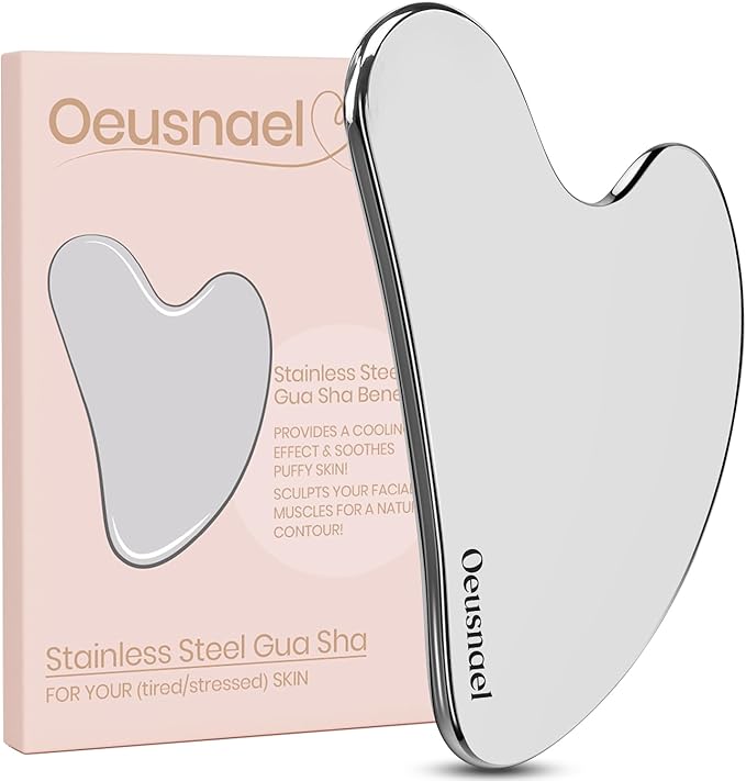 Oeusnael Stainless Steel Gua Sha Facial Tools, Lymphatic Drainage Massager for Face, Face Sculpting & Jawline Shaper, Puffiness Reducing, Neck Body Guasha Tool, Skin Care Gift for Women Men with Pouch