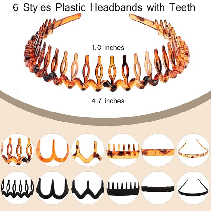 TOBATOBA 12Pcs Fashion Headbands for Women Styles with Teeth Plastic Head Bands for Women's Hair Non Slip Comb Skinny Zig Zag Headbands 90s Fashion Hair Accessories for Women Men Teen Girls