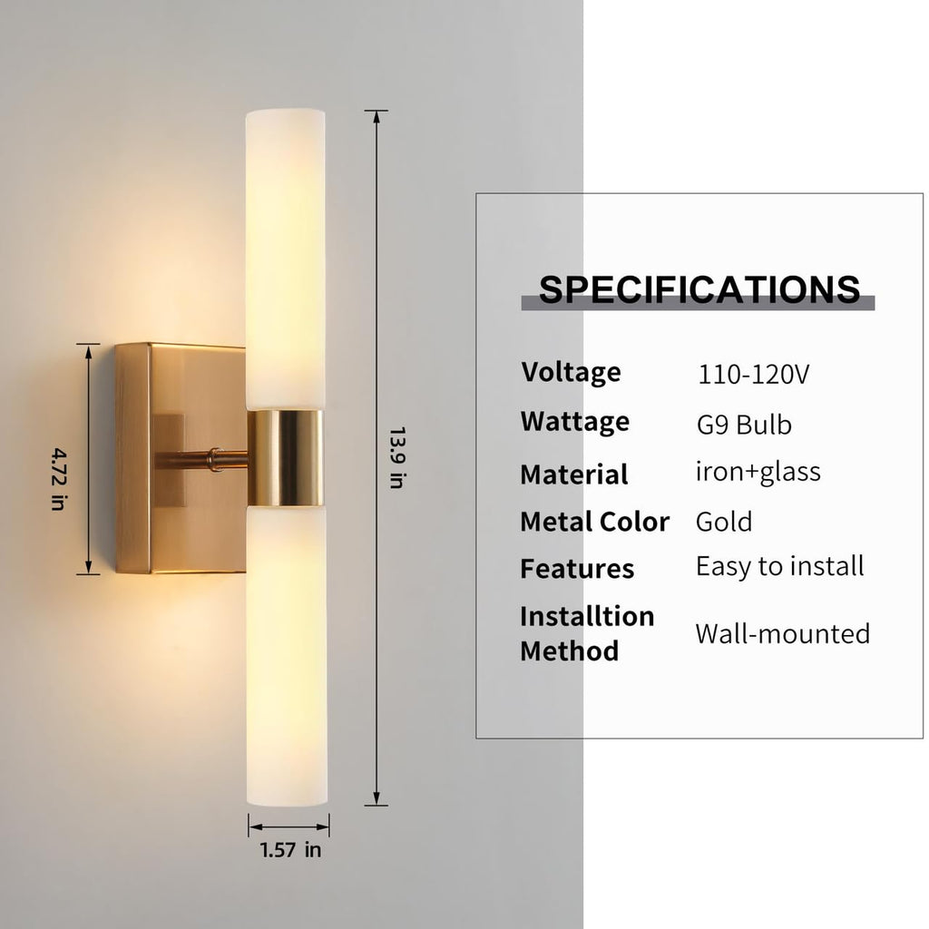 KUZZULL Modern Wall Sconces, Set of 2 Brushed Brass Gold, Frosted Glass Shade, Indoor Wall Mounted Lights, Bathroom Sconces, 36 cm, for Bedroom Wall Lamp