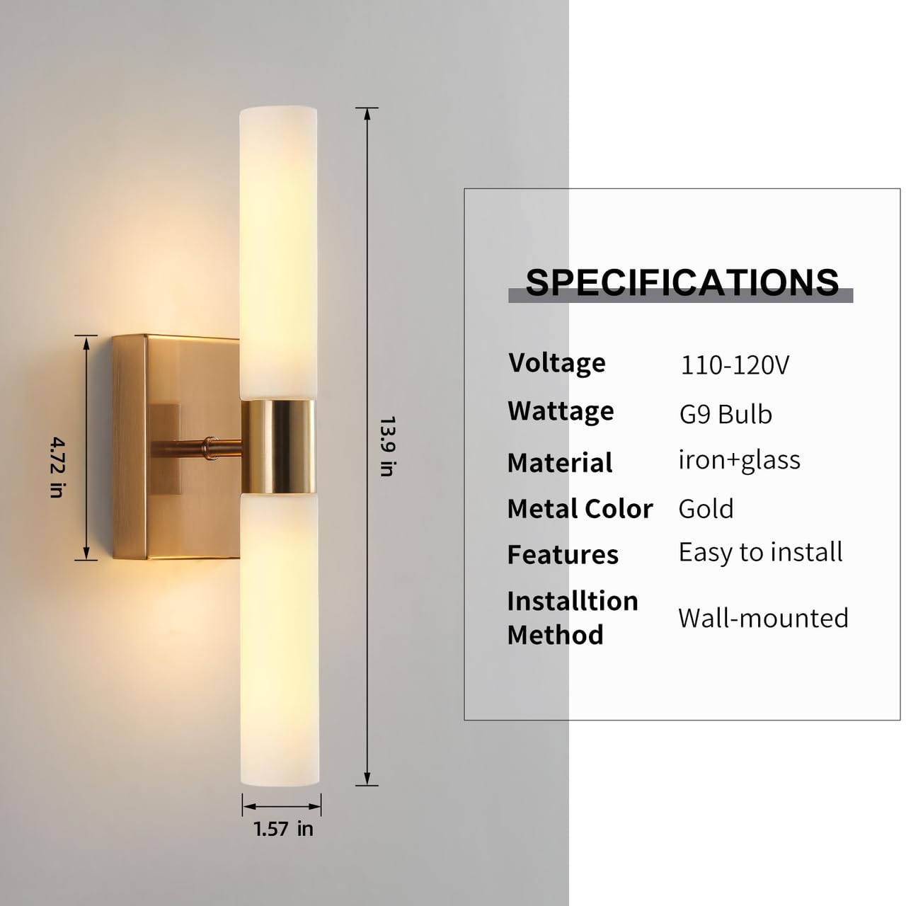 KUZZULL Modern Wall Sconces, Set of 2 Brushed Brass Gold, Frosted Glass Shade, Indoor Wall Mounted Lights, Bathroom Sconces, 36 cm, for Bedroom Wall Lamp