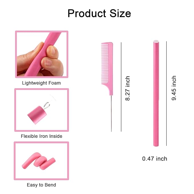 38Pcs Bendable Hair Curlers with Steel Pintail Comb - Foam Twist Rollers for Heatless Curls on All Hair Lengths