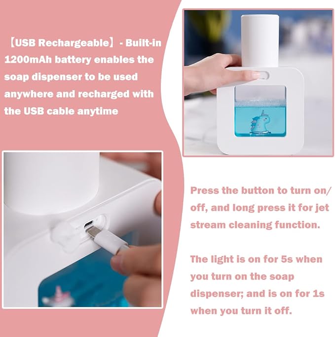 Cute Automatic Foam Soap Dispenser - Kids Touchless Hand Soap Dispenser,Wall Mount Waterproof USB Rechargeable, 13.5oz/ 400ml for Bathroom Countertop, Kitchen, Office, Hotel, Preschool Children