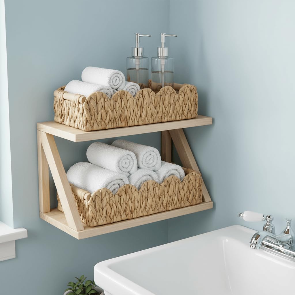 Kriitools Wicker Bathroom Basket 2PK Organizer w/Scalloped for Toilet Paper