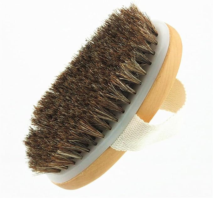 HiKin Wooden Soft Horsehair Mane Natural Bristles Bath & Shower Brush, 5x2.8 Inch Oval Shape Dry Body Brush Scrubber for Exfoliating, Detox and Cellulite, etc. (Brown Horsehair)