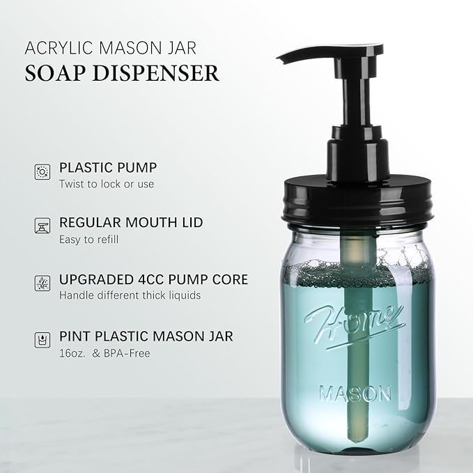Amolliar Plastic Mason Jar Soap Dispenser with Pump Lid,16OZ Refillable Hand Soap Dispenser Set with Cute Lables, Farmhouse Decor for Kitchen Bathroom, Liquid Soap, Dish Soap (2 Pack, Black)