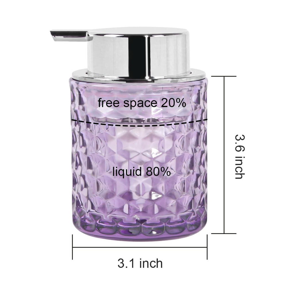 Fvstar 10 Oz Glass Hand Soap Dispenser with Pump, Refillable Bathroom Gold Foaming Soap Dispenser, Vintage Glass Diamond Lotion Container Bottle for Bathroom and Kitchen (1, Purple and Silver)