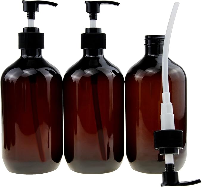 Empty Plastic Bottles with Pump Dispenser, 500ml/16.9oz (Amber, 3 Pack)