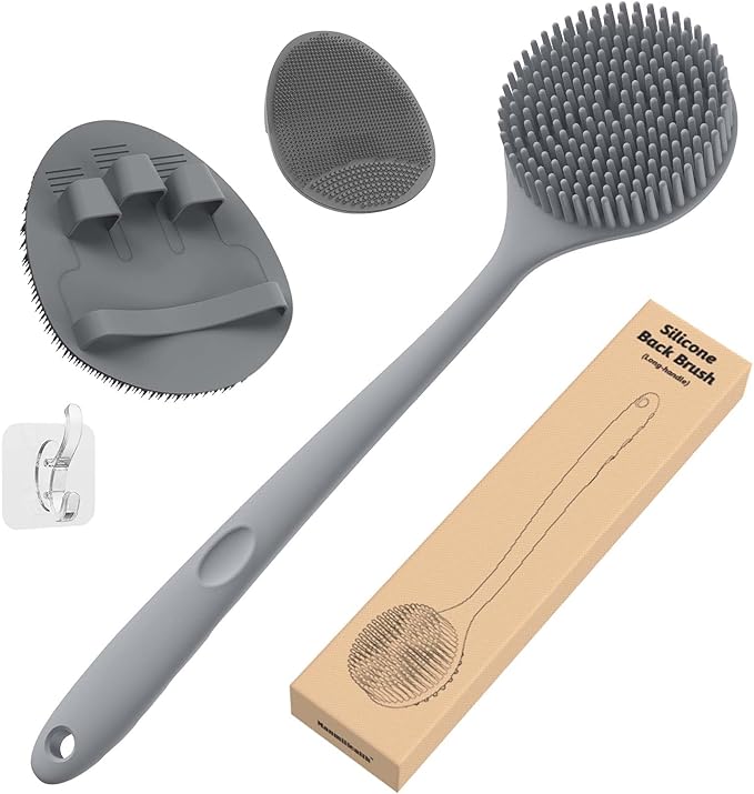 Manmihealth Silicone Body Scrubber & Face Brush Set Thick Bristles Gray