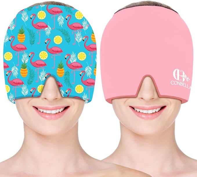 Migraine Relief Cap, Soothing Headache Ice Face Mask Products, Hot and Cold Therapy, Migraine Headache Relief Cap for Migraine, Sinus, Puffy Eyes, Tension, Stress and Hangover (Pink+Blue2)