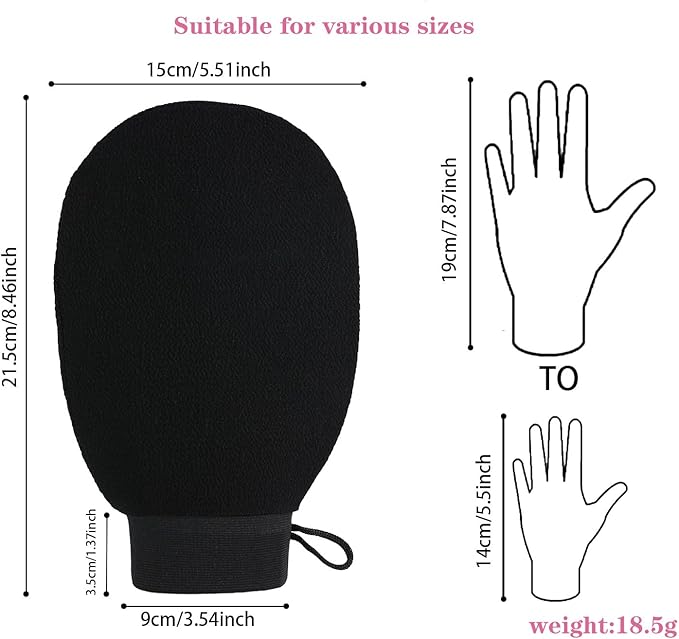 Skincare Body Exfoliating Glove - Mitt for Dry Skin, Bumpy Skin & Self Tan Remover - Dual-Action Dead Skin Eraser for Smooth Skin Black 2pcs