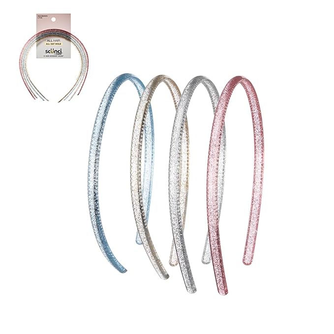CONAIR Scunci Effortless Beauty Skinny headband -plastic Headbands for Women and Men - hair accessories for women - trendy girl gifts - Assorted Glitter - 4 Count