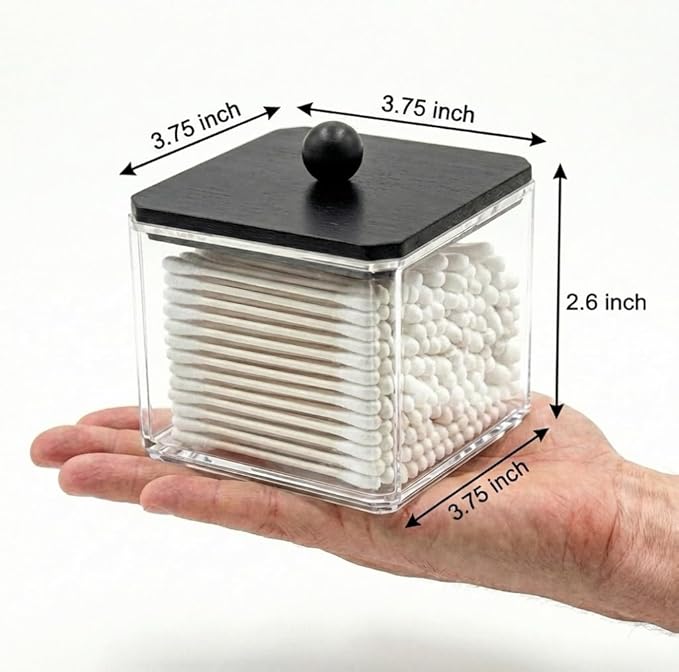 SheeChung Qtip Holder for Bathroom - Acrylic Cotton Swab Dispenser with Black Wood Lid, Clear Apothecary Jar for Cotton Balls, Pads, Flossers, Farmhouse Bathroom Vanity Organizer (2 pack)
