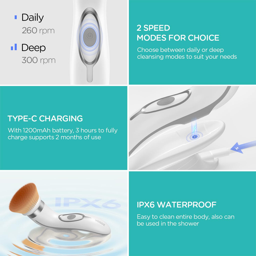 VOGOE Facial Cleansing Brush-Spin Face Scrubber Exfoliator Rechargeable, 2-Speed Rotation, Electric Face Wash Brushes for Cleansing and Exfoliating, with 2 Brush Heads, Grey