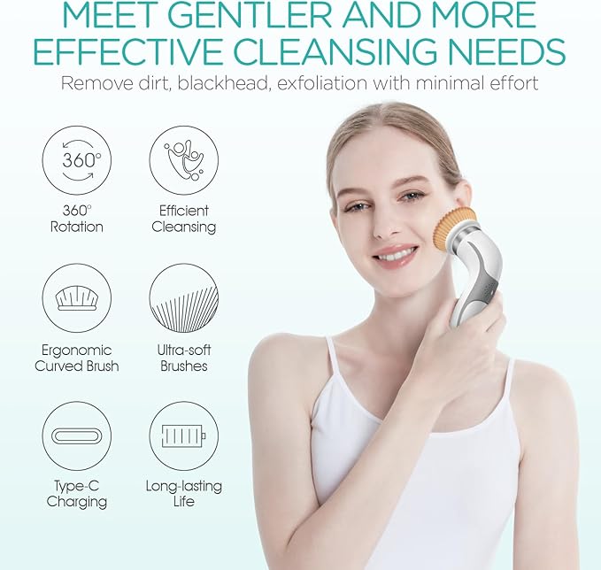 VOGOE Facial Cleansing Brush-Spin Face Scrubber Exfoliator Rechargeable, 2-Speed Rotation, Electric Face Wash Brushes for Cleansing and Exfoliating, with 2 Brush Heads, Grey