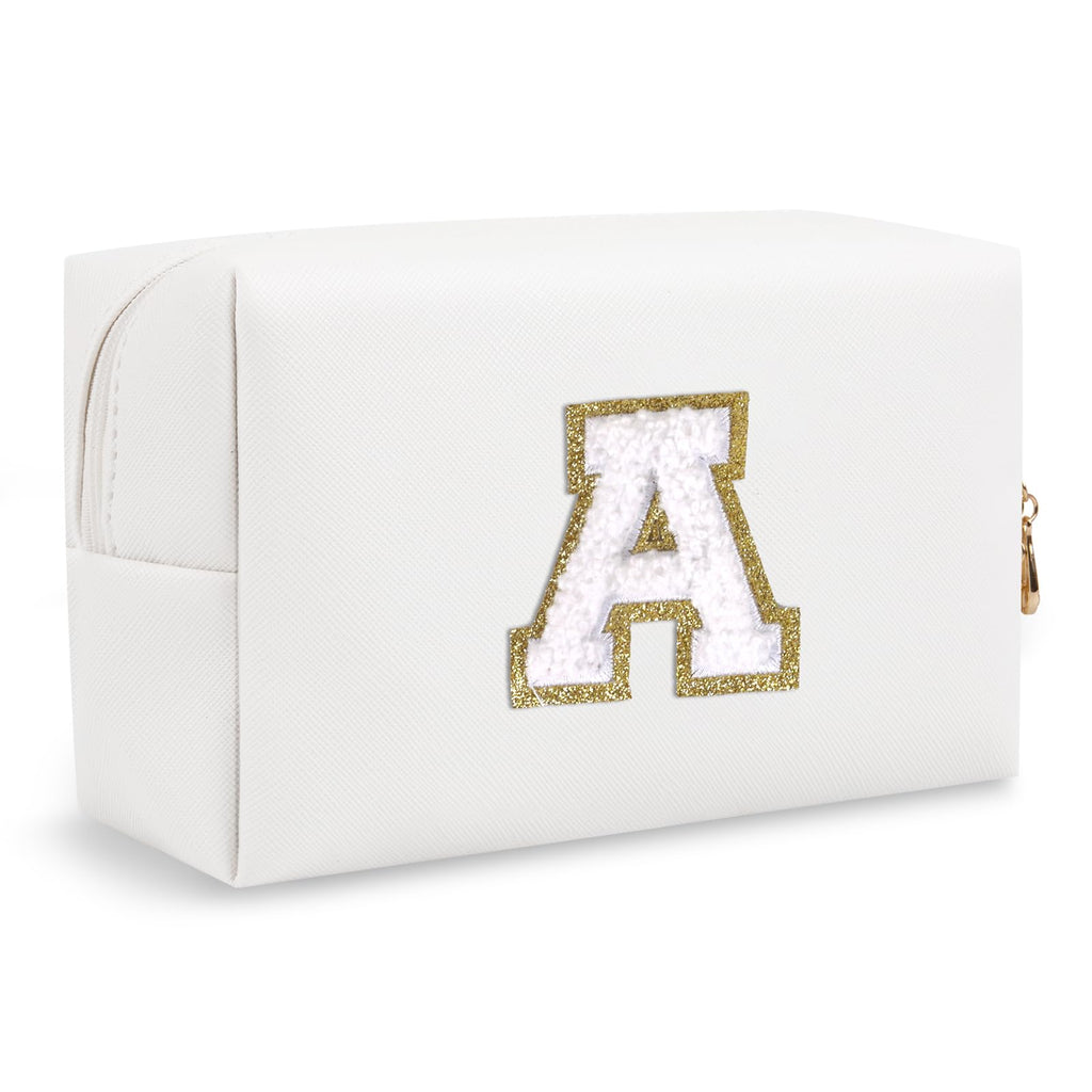 Bride Gifts – Personalized Initial Makeup Bag with Pearl Rhinestone Patch, Preppy White Monogram Cosmetic/Toiletry Pouch, bridesmaid Gifts, Bridal Shower Gifts, Wedding Gifts, Bridal Gifts,U — A