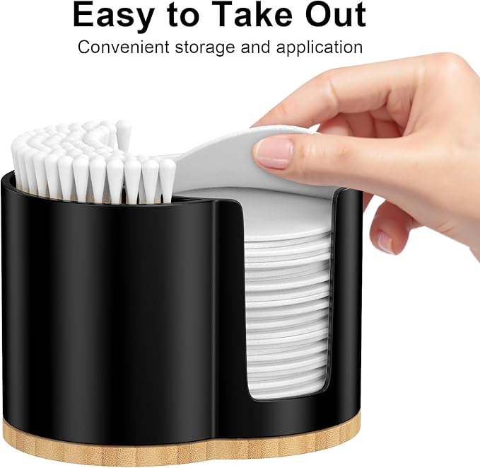 PENGARO Cotton Pad and Swab Holder, Q tip Holder Round Cotton Pad Dispenser Plastic Cotton Swabs Dispenser, Bathroom Accessories Storage Organizer for Cotton Pads Floss Picks, Black