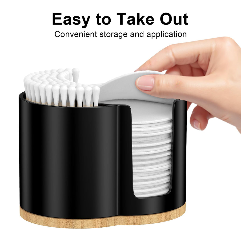 PENGARO Cotton Pad and Swab Holder, Q tip Holder Round Cotton Pad Dispenser Plastic Cotton Swabs Dispenser, Bathroom Accessories Storage Organizer for Cotton Pads Floss Picks, Black