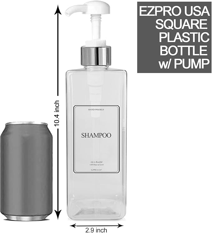 EZPRO USA Empty Plastic Square Bottles Pump Shampoo Conditioner Body Wash Face, in Shower Bathroom Dispenser, Waterproof Permanent Labels, 27oz 800ml Set of 4 (Clear Plastic, Silver White Pump)