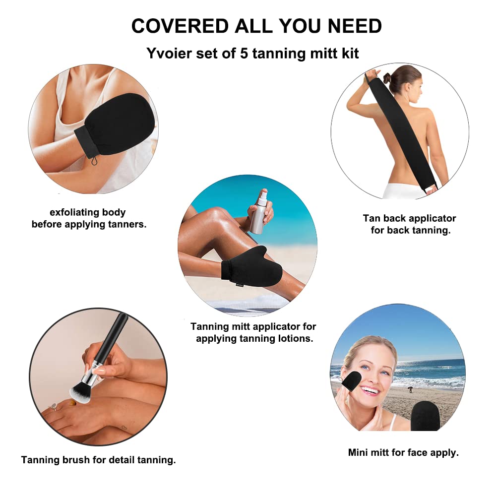 Yvoier Streakless Self Tanning Mitt Applicator Kit, 5 Pack Self Tanner Mitt with Tanning Glove, Self Tanner Back Applicator, Tanning Brush, Mini Face Glove and Exfoliating Mitt