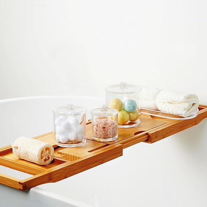 SheeChung 3 Pack Apothecary Jars with Lids,Qtip Holder Bathroom Set,Acrylic Storage Containers,Cotton Ball and Q tip Holder Set,Clear Bathroom Containers with Labels,Bathroom Organizers and Storage
