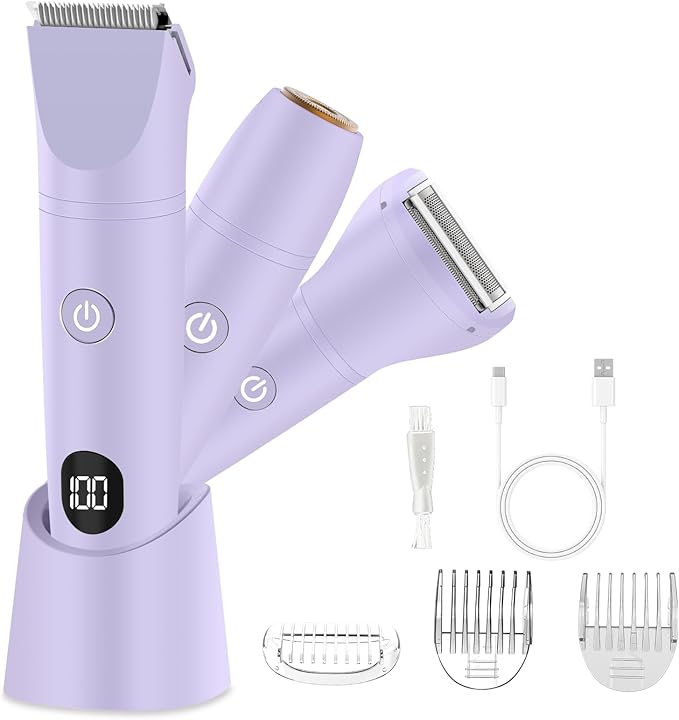 Bikini Trimmer for Women, Electric Razor for Pubic Hair 3-in-1, Bikini Shaver for Legs Body Hair, Womens Electric Razor IPX6 Waterproof, Gifts for Women,Purple