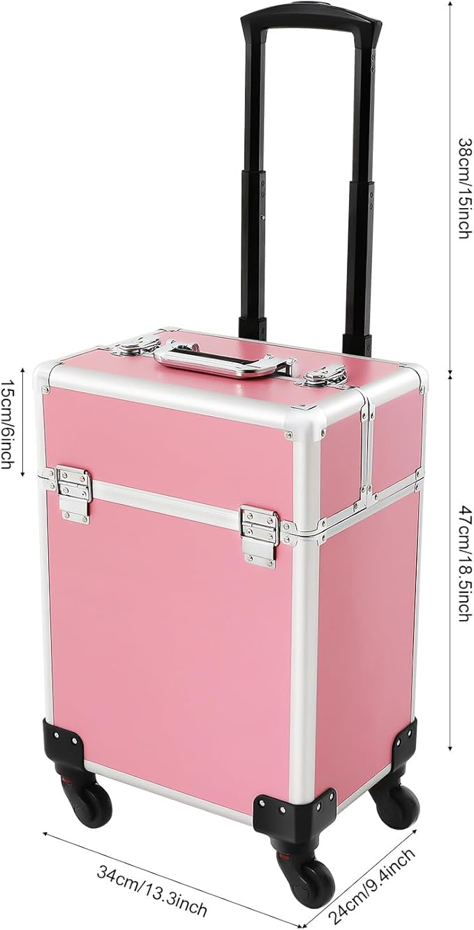KHROOLT Rolling Makeup Train Case, Large Aluminum Alloy Cosmetic Trolley Case with Wheels & Retractable Handle, Lockable Storage for Makeup Artists, Lash Techs, Travel, Pink