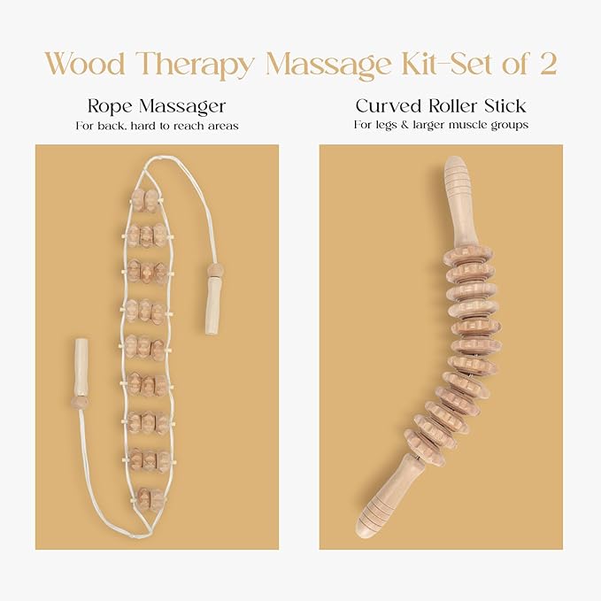 Mr. Woodware Wood Therapy Massage Tools, Lymphatic Drainage Curved Roller Stick, Neck Massager, Foam Roller, Back Scratcher, Rope Massage Kit, Back Massager for Relaxation