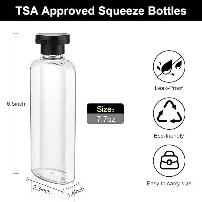 Wowang Travel Shampoo and Conditioner Bottles 7.7oz 7 Pack Leak Proof Squeeze Bottles with Flip Cap Refillable Containers Plastic Travel Bottle for Toiletries for Lotion Shampoo Conditioner