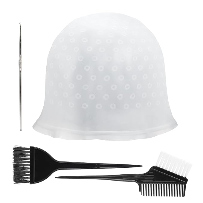 Self-Punching Silicone Highlight Cap for Hair 4pcs Silicone Professional Reusable Hairdressing Dyeing Staining Tools for Bleach, Includes Dye Brush Single-Sided Brushes & Double-Sided Brush
