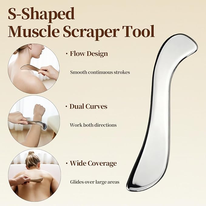 JedJadr 4 in 1 Stainless Steel Massage Scraper Tool Set for Deep Tissue Relief, IASTM Tool and Gua Sha Massage Tools for Muscle Recovery, Physical Therapy Scraping Tool with Facial Gua Sha