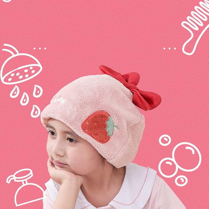 Hair Drying Towel for Kids Girls, Cute Cartoon Absorbent Quick Drying Bath Wrap Set for Bathing, Swimming Pool, Soft Microfiber Cap for Curly Long & Wet Hair, Pink Strawberry