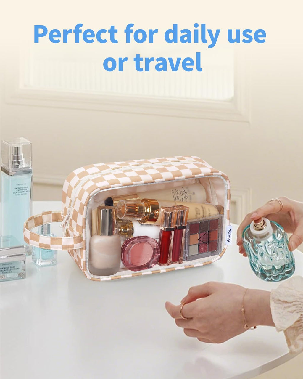 Narwey Clear Toiletry Bags for Traveling Women Men, Clear Travel Bags for Toiletries Makeup Bag Cosmetic Bag with Zipper, Make Up Organizer, Skincare Bag (Light Brown Checkerboard)