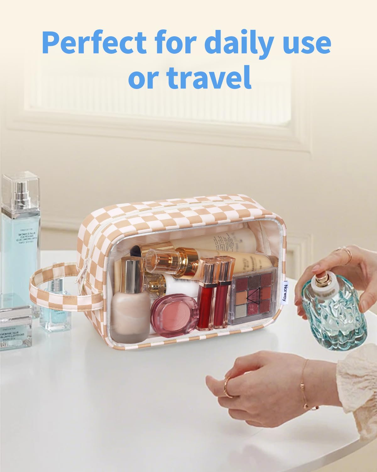 Narwey Clear Toiletry Bags for Traveling Women Men, Clear Travel Bags for Toiletries Makeup Bag Cosmetic Bag with Zipper, Make Up Organizer, Skincare Bag (Light Brown Checkerboard)