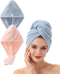 Bath Pre Dry Hair Towel 2 Pack - Quick Dry Super Absorbent Lightweight Turban With Button - Drying Wrap for Shower Wellness, Pink Blue