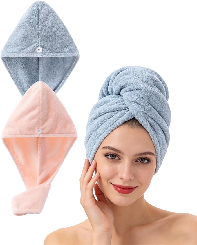 Bath Pre Dry Hair Towel 2 Pack - Quick Dry Super Absorbent Lightweight Turban With Button - Drying Wrap for Shower Wellness, Pink Blue