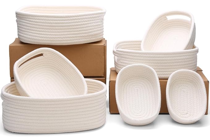 HLWDFLZ 7 Piece Cotton Rope Woven Basket Set - Small Basket for Baby Nursery, Pets, Montessori, Dog & Cat Toy Boxes, Bathroom Organization Bins (White)