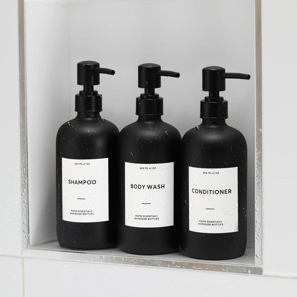 HOMCDALY Shampoo and Conditioner Dispenser, 21oz 3-Pack Refillable Shampoo and Conditioner Bottles, Empty Bathroom Shower Pump Dispenser (21oz-Black