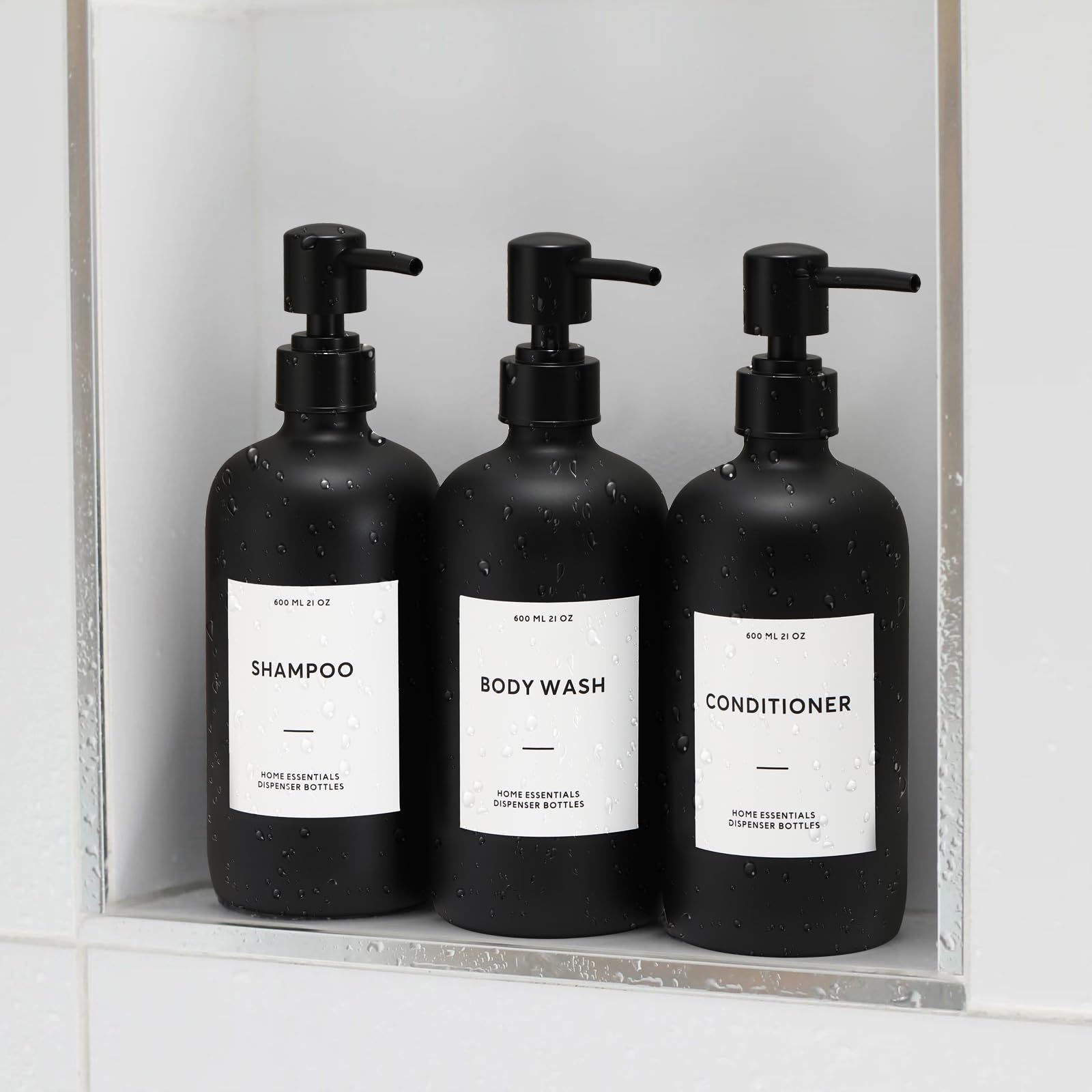 HOMCDALY Shampoo and Conditioner Dispenser, 21oz 3-Pack Refillable Shampoo and Conditioner Bottles, Empty Bathroom Shower Pump Dispenser (21oz-Black